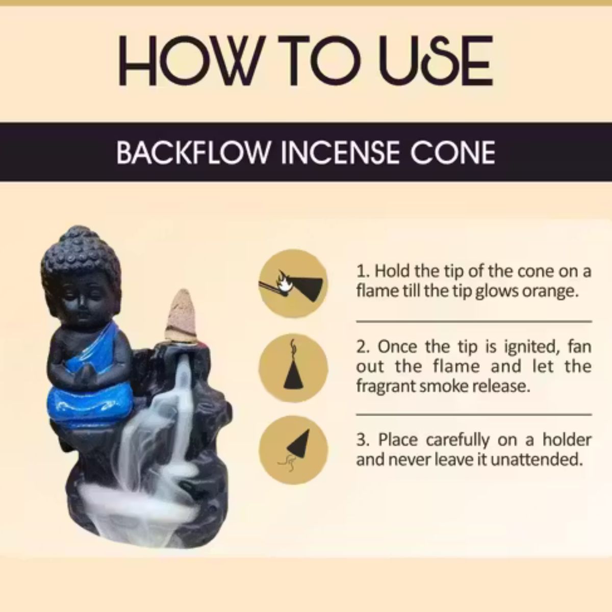 Tiny Shiny Polyresin Meditating Monk Buddha Smoke Backflow Cone Incense Holder Decorative Showpiece with 10 Free Smoke Backflow Scented Cone Incenses - image 6