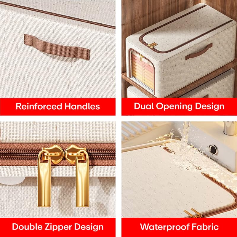 Tiny Shiny Clothes Storage Bins with Metal Frame  and Handle — 56 Litre Quilt Organizer Box |  Pack of 2 | Beige