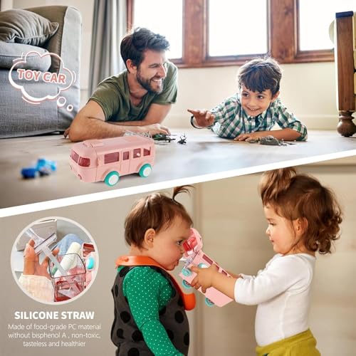 Bus Water Bottle For Kids With Strap, Sipper, & Straw | Leakproof, Bpa Free With Lock, 500 Ml | Tritan Water Bottle For School Kids | Cute Bus Shaped Water| (PINK-COLOR)