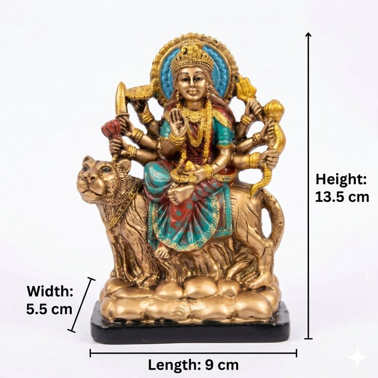 Divine Maa Durga Idol on Lion - Antique Bronze & Turquoise Finish (13.5 cm) | Sherawali Mata Murti for Home Decor & Pooja
