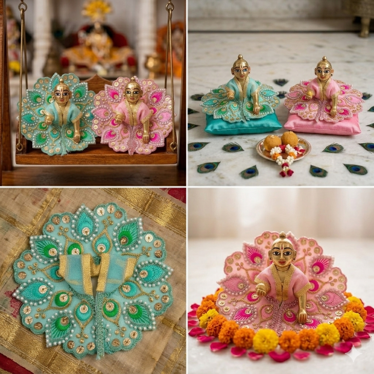 Tiny Shiny Laddu Gopal Poshak Thakur Ji Dress Heavy Designer Dress for Kanha Ji Fancy Dress for Bal Krishna Janmaasthmi Special for Ladoo Gopal Ji (Size-1 and 2)