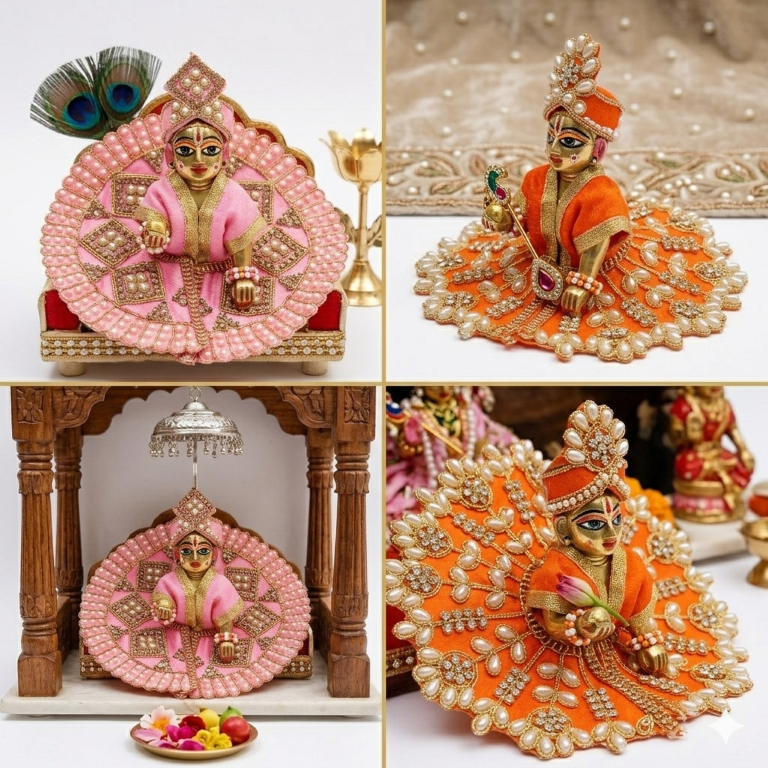 Tiny Shiny Laddu Gopal Poshak Thakur Ji Dress Heavy Designer Dress for Kanha Ji Fancy Dress for Bal Krishna Janmaasthmi Special for Ladoo Gopal Ji (Size-1 And 2)