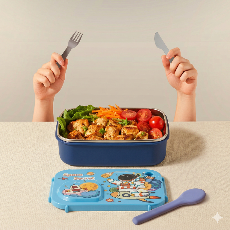 Steel Lunch Lunch Box, 750 ml with 150ml Bowl, BPA Free and Leak Proof, 3 Compartment airtight, with a Spoon & Chopsticks,Astronaut & Rocket Design, Pink, Premium Lunch Box