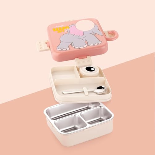 Cute Elephant Bento Lunch Box for Kids | 3 Compartment Leak-Proof BPA-Free Tiffin | Cartoon Elephant Design with Airtight Lid & Lock Clips | School, Travel & Picnic Lunch Container | Lunchbox (1120ml + 70ml) (Pink)