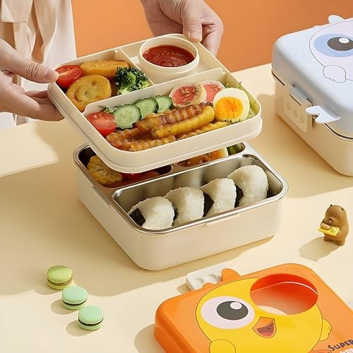 2 Layer Kids Lunch Box with Steel Inner, 3 Compartments Leak Proof Airtight BPA Free Bento Tiffin Box 1120 ML with 70 ML Sauce Cup for School Picnic Boys Girls (Sunset Orange Chick)