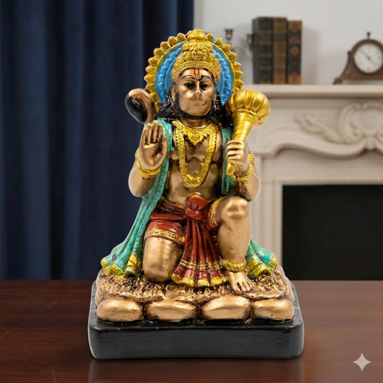 Divine Lord Hanuman Idol with Gada - Antique Bronze Finish & Vibrant Accents (13 cm) | Bajrang Bali Murti for Home & Office