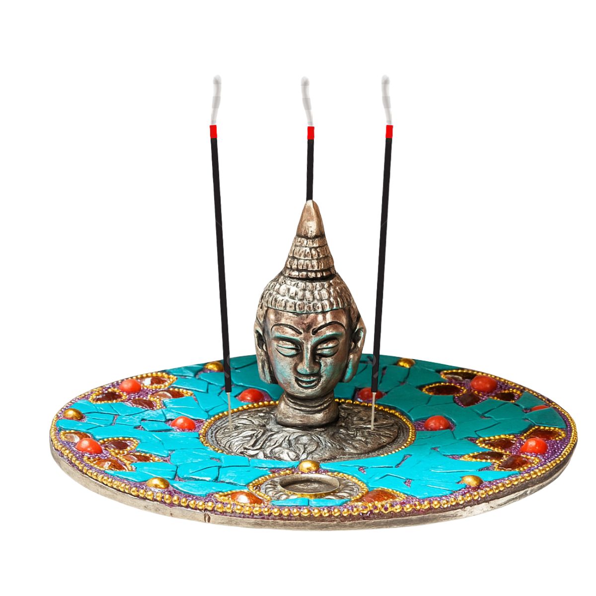 Metal Buddha Incense Plate and Dhoop Burner with Agarbatti Stand