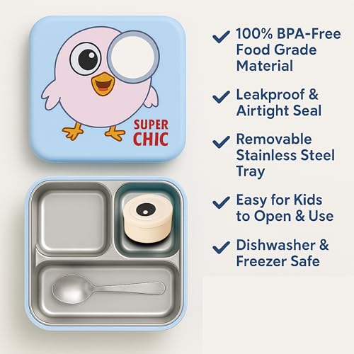 2 Layer Kids Lunch Box with Steel Inner, 3 Compartments Leak Proof Airtight BPA Free Bento Tiffin Box 1120 ML with 70 ML Sauce Cup for School Picnic Boys Girls (Lavender Chick) 1120ml + 70ml