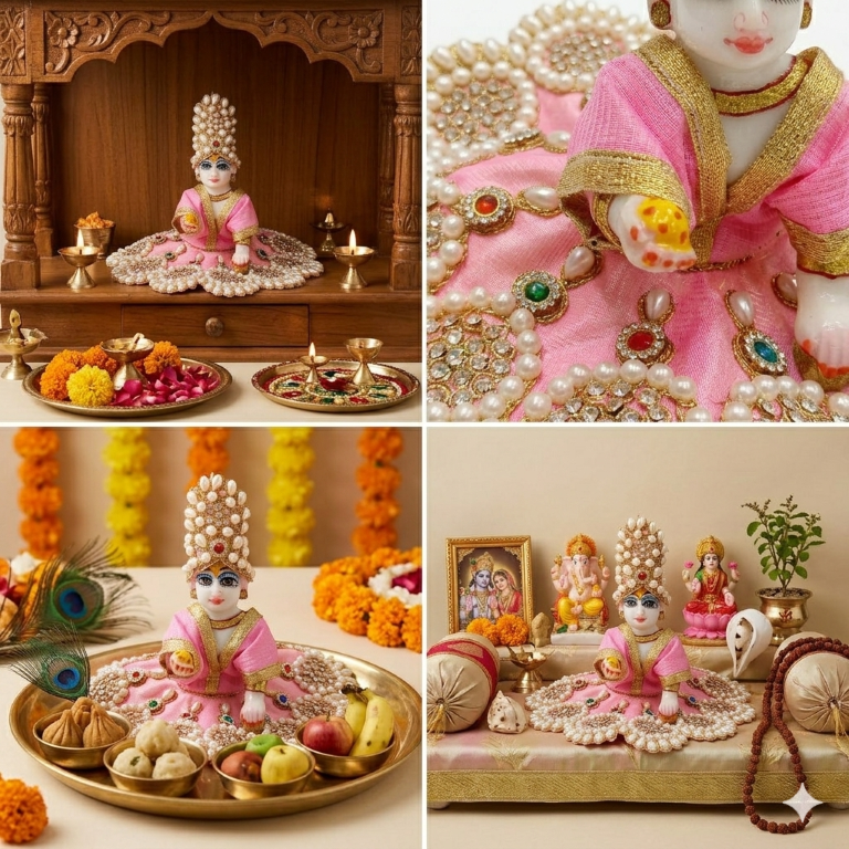 Tiny Shiny Laddu Gopal Poshak Thakur Ji Dress Heavy Designer Dress for Kanha Ji Fancy Dress for Bal Krishna Janmaasthmi Special for Ladoo Gopal Ji (Size- 3 to 5)