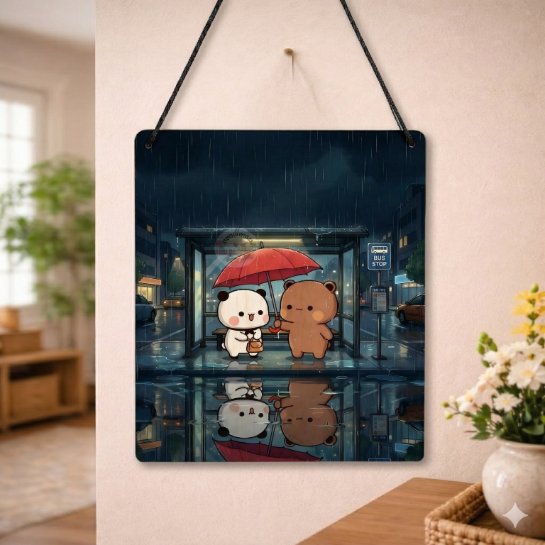 Rainy Night Bear Couple Wall Hanging | Aesthetic Romantic Room Decor