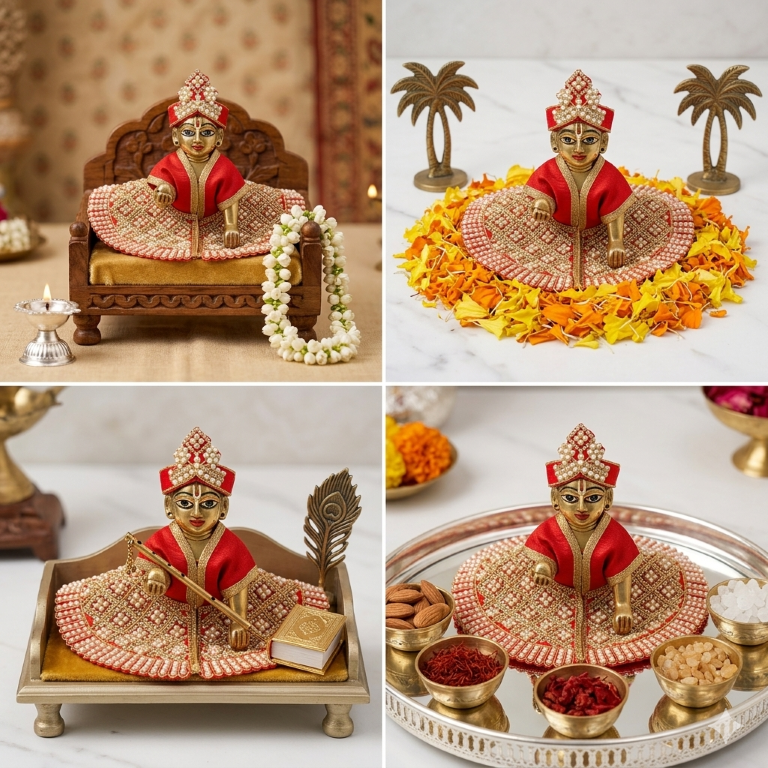 Tiny Shiny Laddu Gopal Poshak Thakur Ji Dress Heavy Designer Dress for Kanha Ji Fancy Dress for Bal Krishna Janmaasthmi Special for Ladoo Gopal Ji (Size-4 And 5)