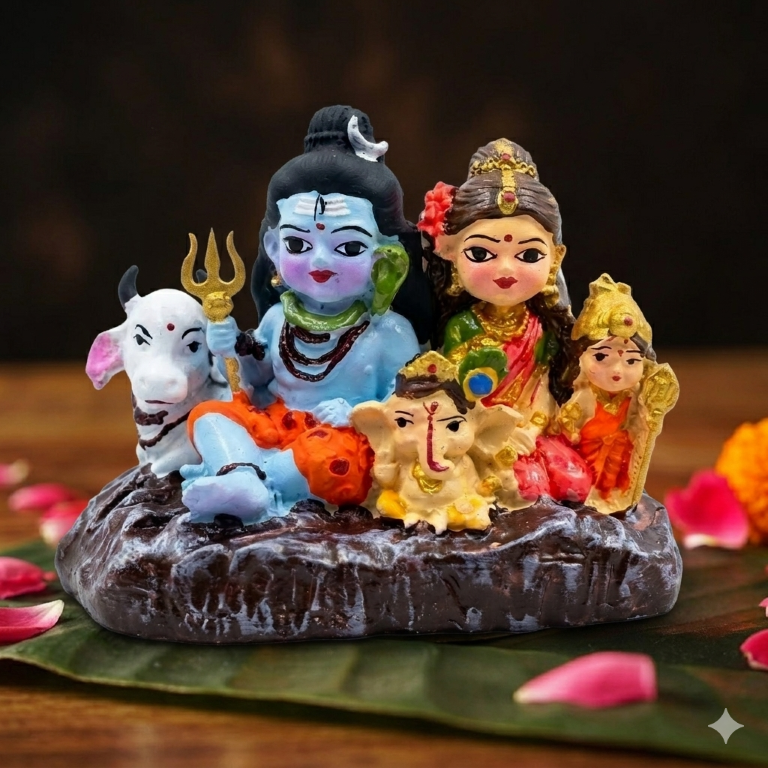 Divine Shiv Parivar Miniature Idol - Shiva, Parvati, Ganesha, Kartikeya & Nandi | Hand-Painted Spiritual Decor (7.5 cm)