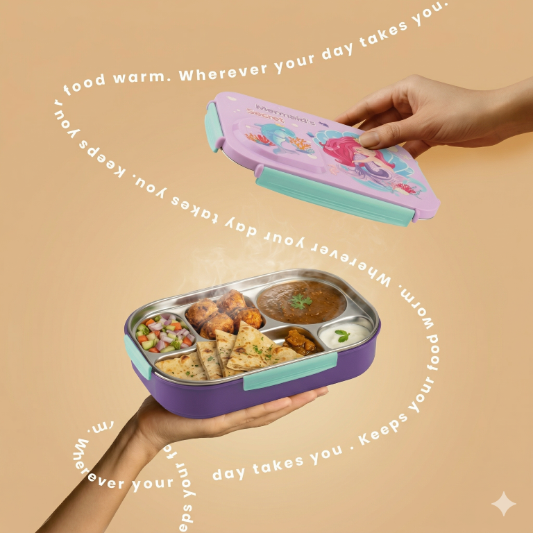 Steel Lunch Lunch Box, 750 ml with 150ml Bowl, BPA Free and Leak Proof, 3 Compartment airtight, with a Spoon & Chopsticks,Mermaid Cartoon Design, Pink, Premium Lunch Box