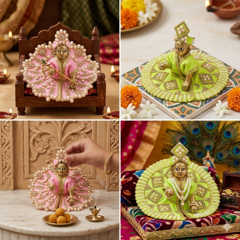 Tiny Shiny Laddu Gopal Poshak Thakur Ji Dress Heavy Designer Dress for Kanha Ji Fancy Dress for Bal Krishna Janmaasthmi Special for Ladoo Gopal Ji (Size-1 And 2)