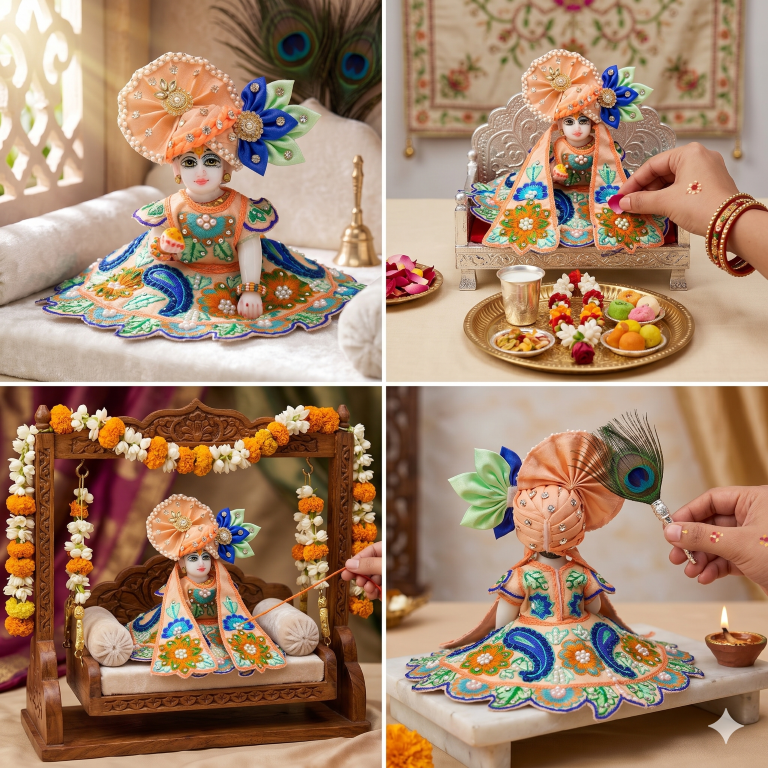 Tiny Shiny Laddu Gopal Poshak Thakur Ji Dress Heavy Designer Dress for Kanha Ji Fancy Dress for Bal Krishna Janmaasthmi Special for Ladoo Gopal Ji (Size- 0 to 5)