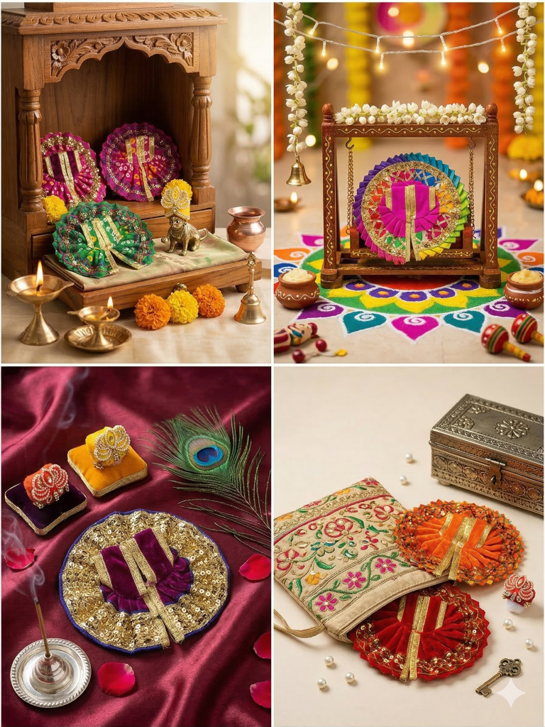 Tiny Shiny Laddu Gopal Poshak Thakur Ji Dress  Designer Dress for Kanha Ji Fancy Dress for Bal Krishna Janmaasthmi Special for Ladoo Gopal Ji (Poshak-8, Mukut-2, Size-1 )