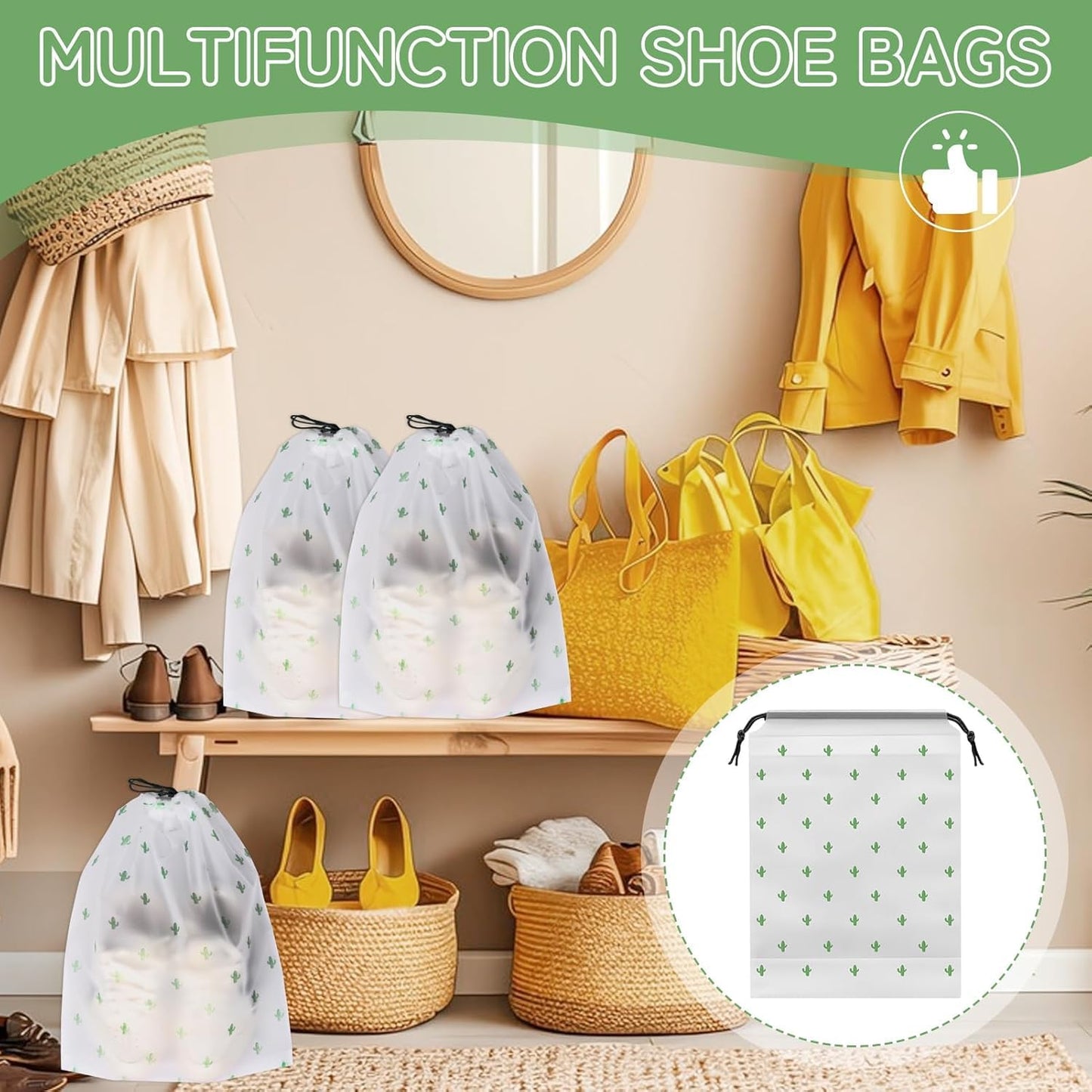 Tiny Shiny Travel Shoe Bag — Transparent Waterproof  Organizer for Travel and Gym | Pack of 5 | Green Floral
