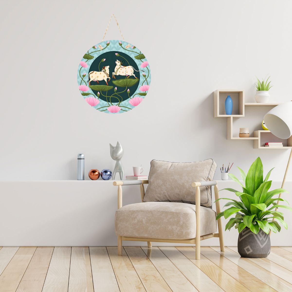 Sacred Cow Lotus Round Hanging Wall Plaque for Pooja Room Décor