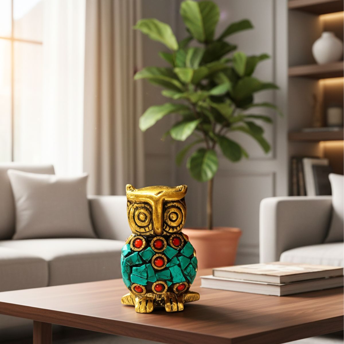 Metal Owl Statue Figurine with Colorful Stone Agarbatti Holder