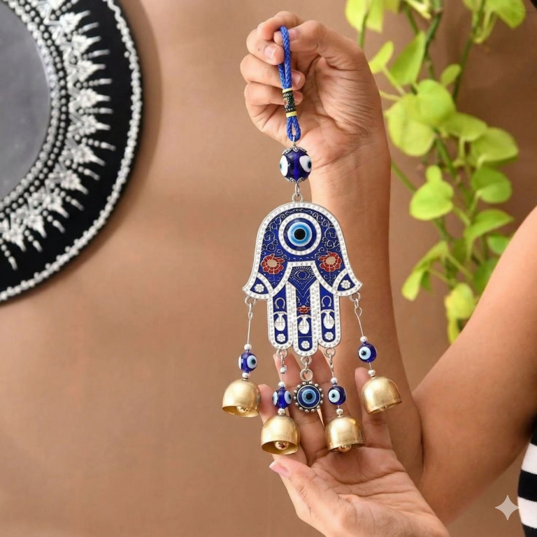 Hamsa Hand Evil Eye Wind Chimes for Good Luck Prosperity, Zodiac Success, Health Wealth Evil Eye Charm for Balcony, Home Entrance, Living Room Handcrafted Home Decor for Gift (Blue)
