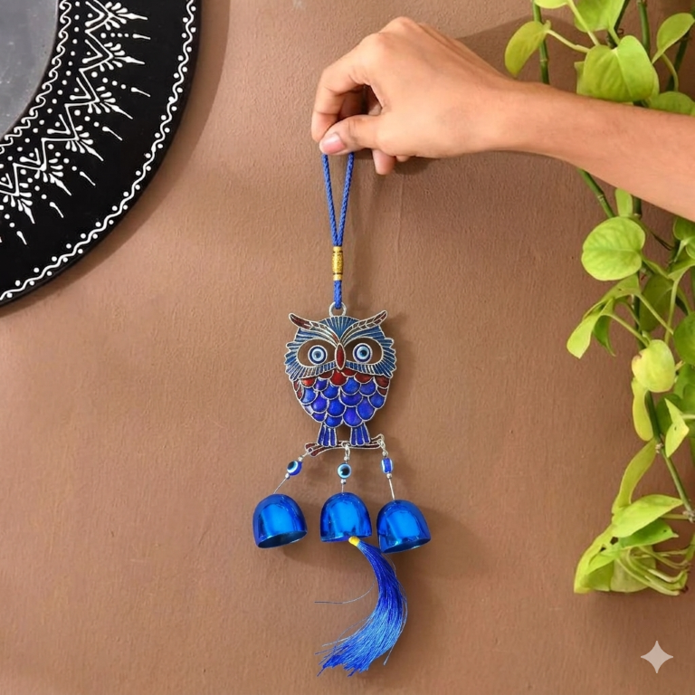 Evil Eye Hanging Nazar Battu for Home Entrance, Door & Wall Decoration | Turkish Evil Eye Big Size Hanging | Moon Design Wall Hanging for Protection & Positivity (3 Bell owl)