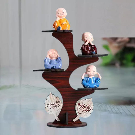 Set of 4 Adorable Buddha Monk Figurines with Wooden Stand