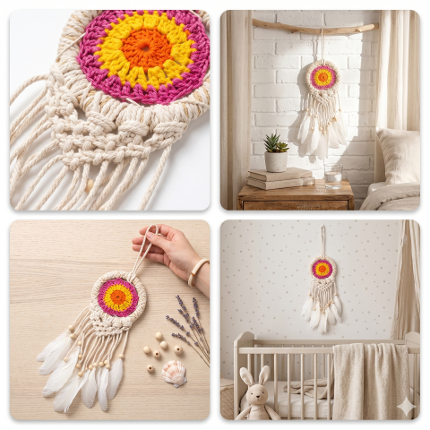 Handmade Evil Eye Dreamcatcher Wall Hanging – Blue & White Crochet Dream Catcher with Feathers & Beads – Boho Home Décor, Protection & Good Luck Charm