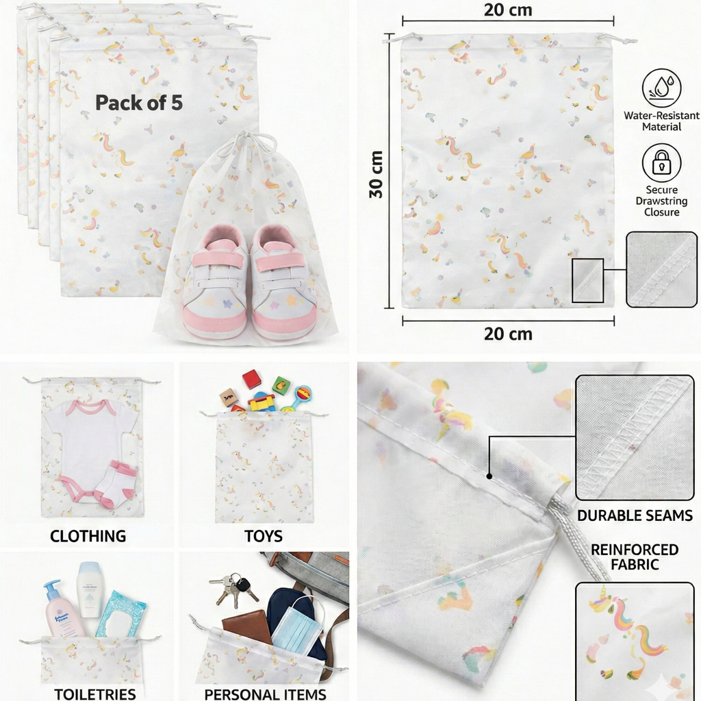 Tiny Shiny Travel Shoe Bag — Transparent Waterproof  Organizer for Travel and Gym | Pack of 5 | Green Floral