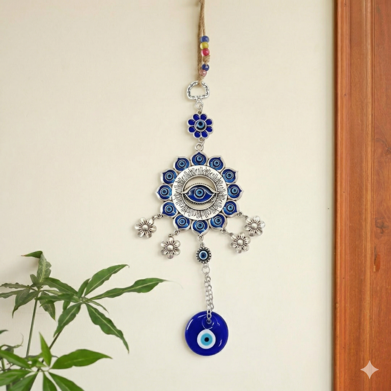 Silver Flower Mandala Evil Eye Wall Hanging with Dangle Charms