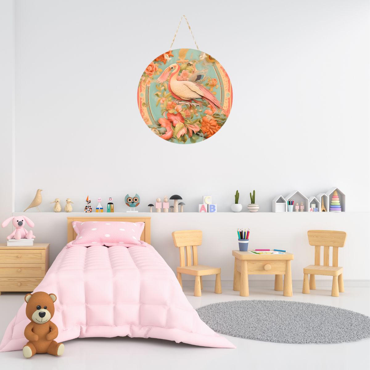 Flamingo Floral Round Hanging Wall Plaque for Home Décor