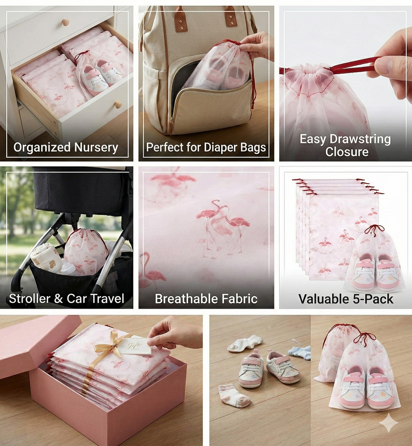 Tiny Shiny Travel Shoe Bag — Transparent Waterproof  Organizer for Travel and Gym | Pack of 5 | Green Floral