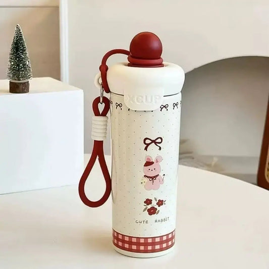 Cute Rabbit Stainless Steel Kids Water Bottle with Straw & Carry Strap – Leakproof Insulated Flask for School