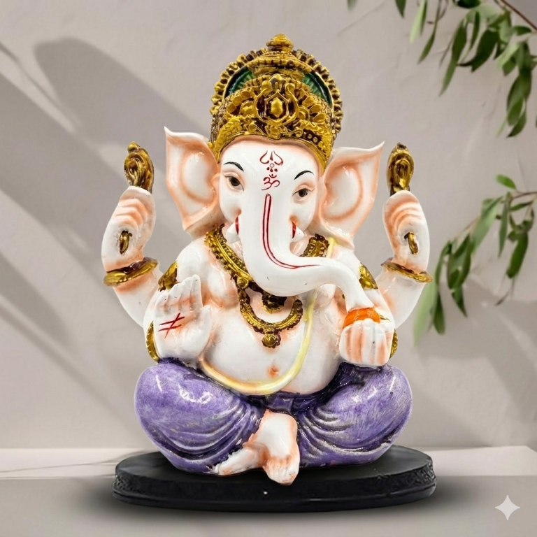 Serene White Marble Finish Lord Ganesha Idol - Elegant Purple & Gold Accents (13.5 cm) | Premium Gifting & Home Decor