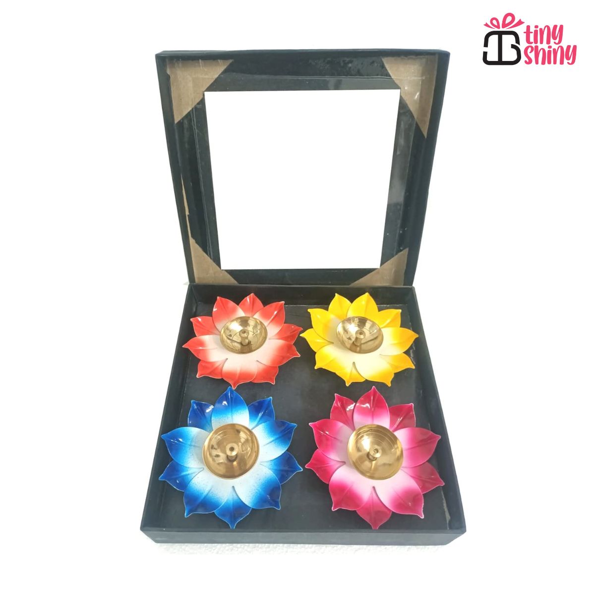 4 Pc Brass Diya Lotus Oil Lamp Set
