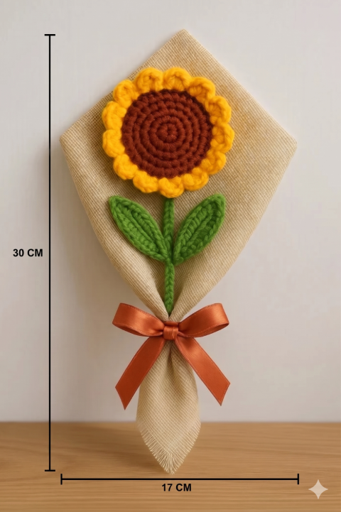 Crochet Sunflower Bouquet, Single-Stem with Decorative Ribbon, Yellow and Brown - Best Gift Birthday Anniversary Love Friendship