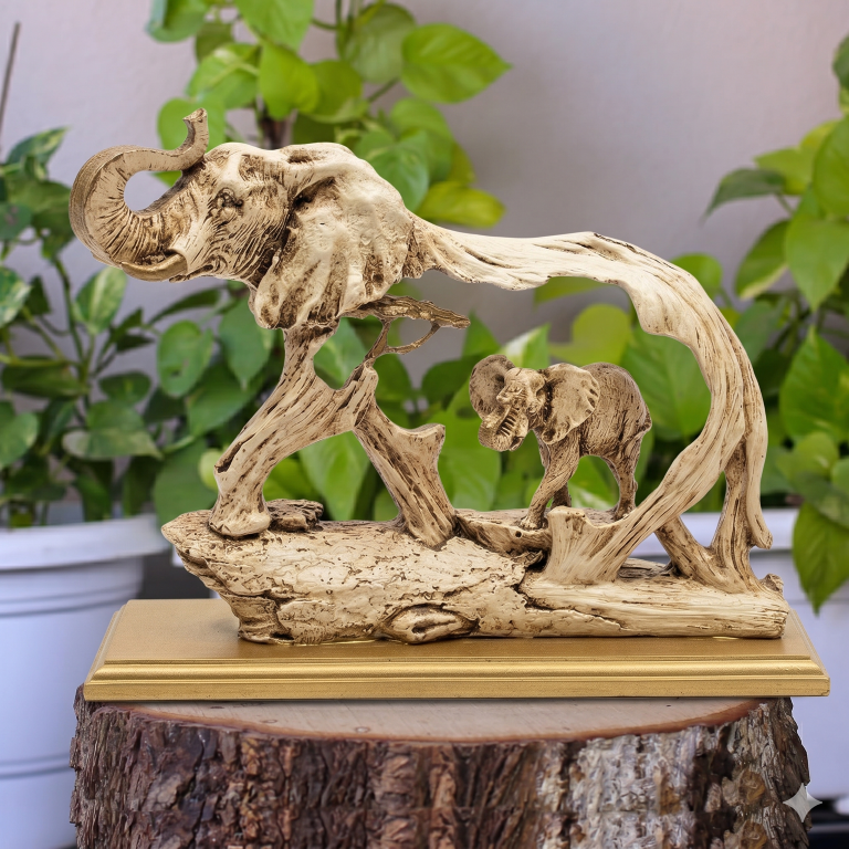 Antique Ivory & Gold Elephant Family Figurine | Majestic Wildlife Home Decor