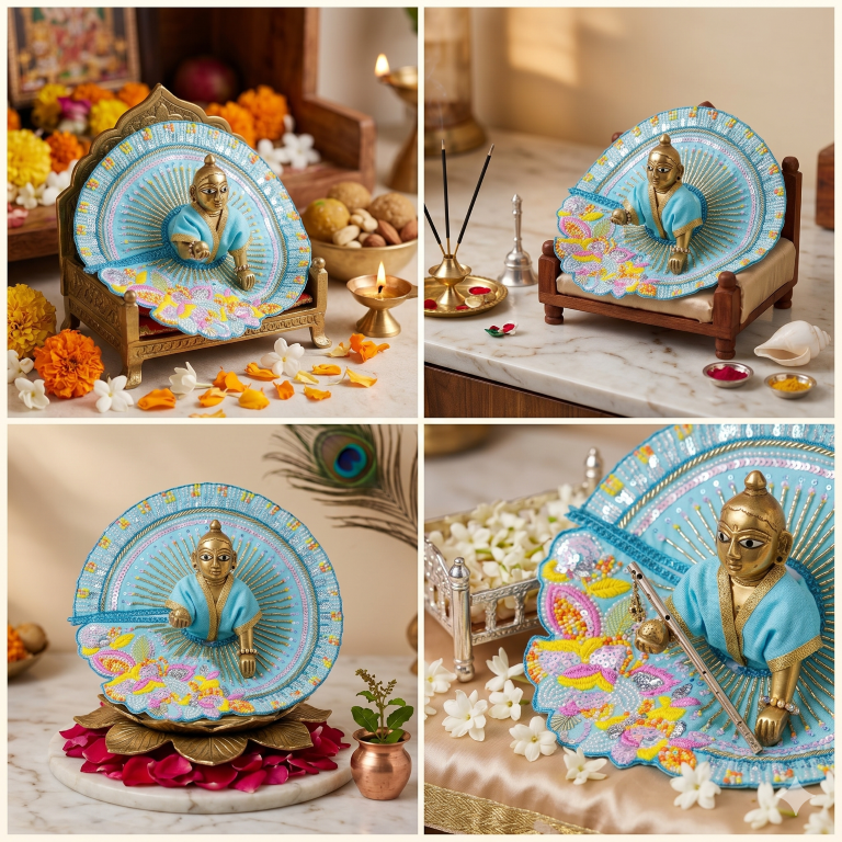 Tiny Shiny Laddu Gopal Poshak Thakur Ji Dress Heavy Designer Dress for Kanha Ji Fancy Dress for Bal Krishna Janmaasthmi Special for Ladoo Gopal Ji (Size-3 to 5)