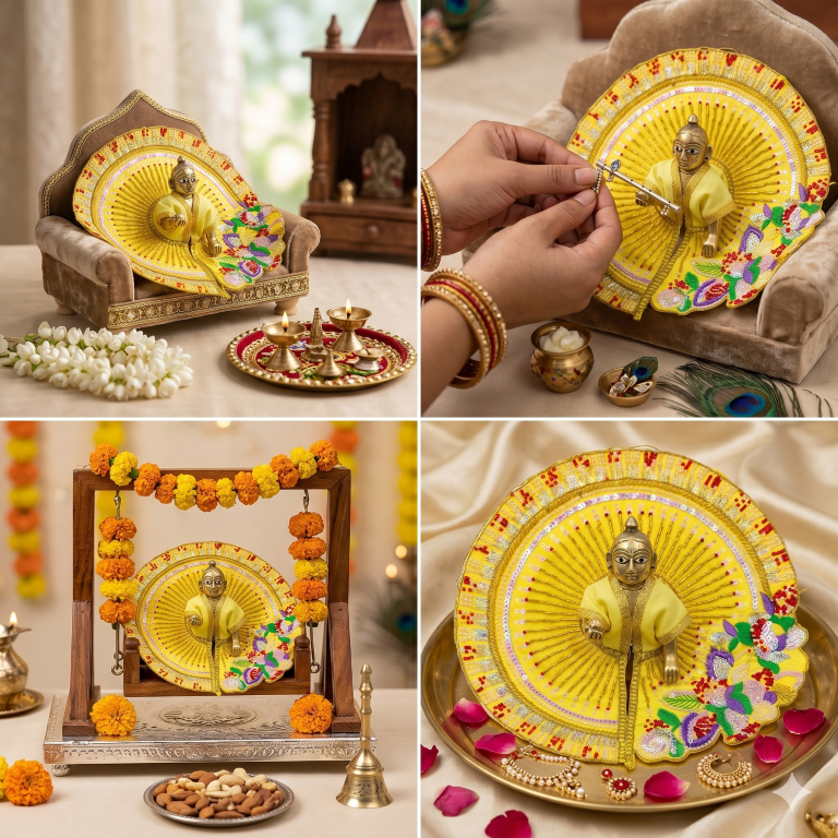 Tiny Shiny Laddu Gopal Poshak Thakur Ji Dress Heavy Designer Dress for Kanha Ji Fancy Dress for Bal Krishna Janmaasthmi Special for Ladoo Gopal Ji (Size-3 to 5)