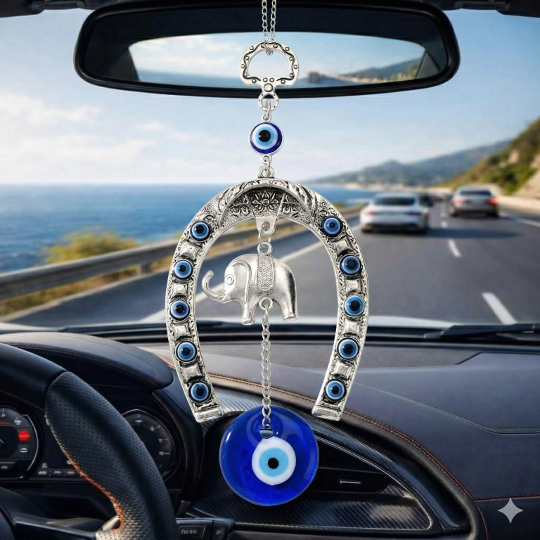 Glass Turkish Silver Horse Shoe Blue Evil Eye Hanging Ornament with Elephant Home Entrance Protection Amulet for Good Luck & Prosperity Main Door & Wall Décor