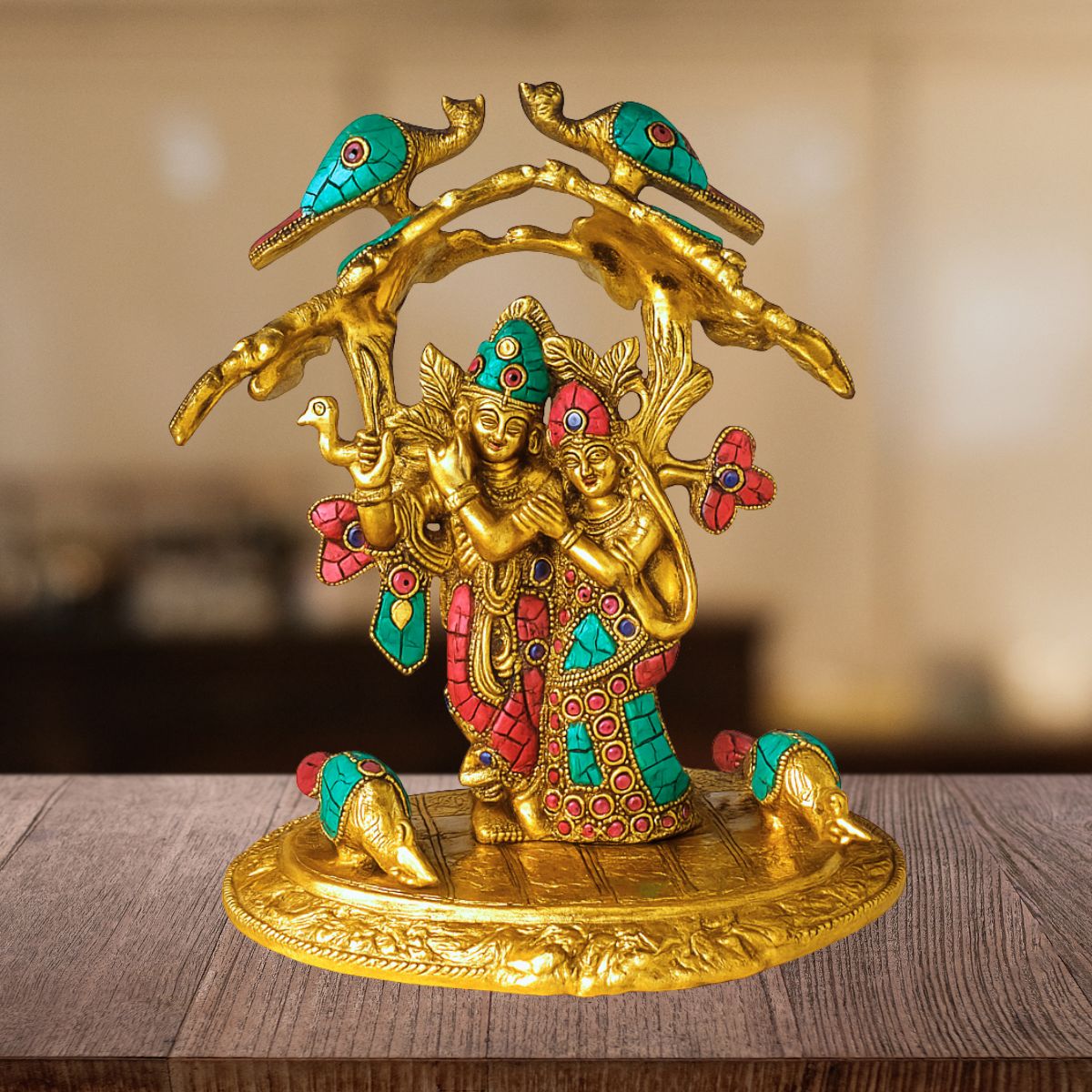 Metal Statue of Radha Krishna Under Tree with Peacock
