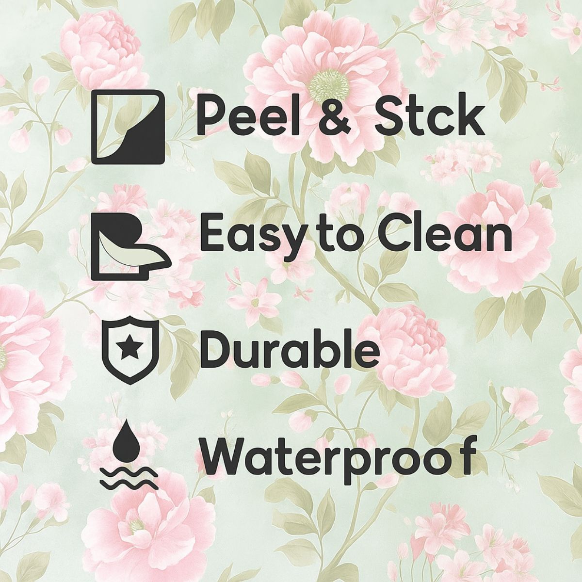 Removable Pink Flower with Leaves Pattern Wallpaper