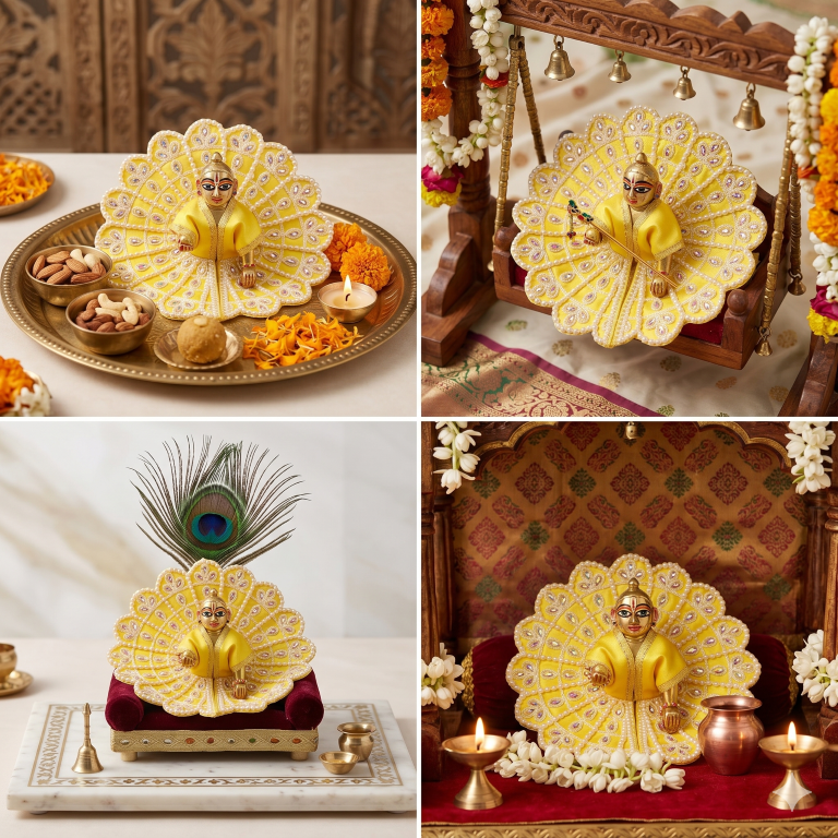 Tiny Shiny Laddu Gopal Poshak Thakur Ji Dress Heavy Designer Dress for Kanha Ji Fancy Dress for Bal Krishna Janmaasthmi Special for Ladoo Gopal Ji (Size- 4 And 5)