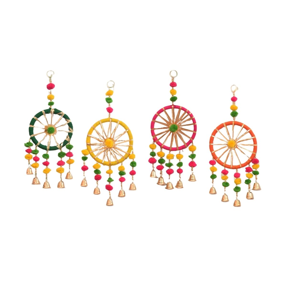 Boho Handmade Dreamcatcher Wall Hanging with Pom Poms & Bells – Colorful Decorative Hanging Set