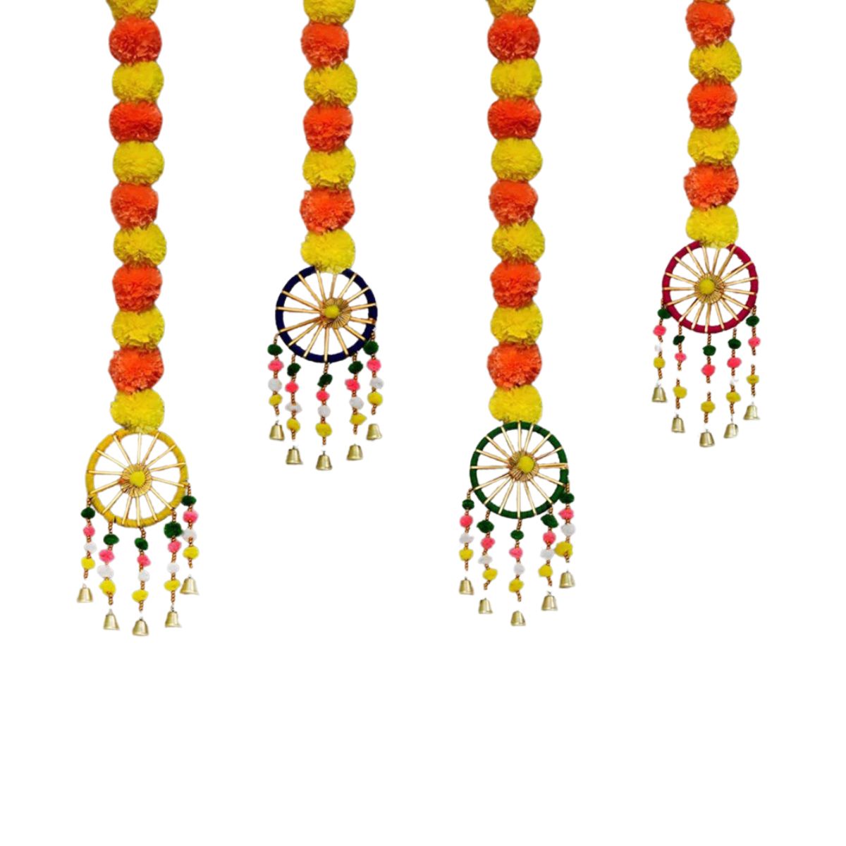Tiny Shiny Artificial Marigold Fluffy Flowers Garland String with Bells Ring Pom Pom