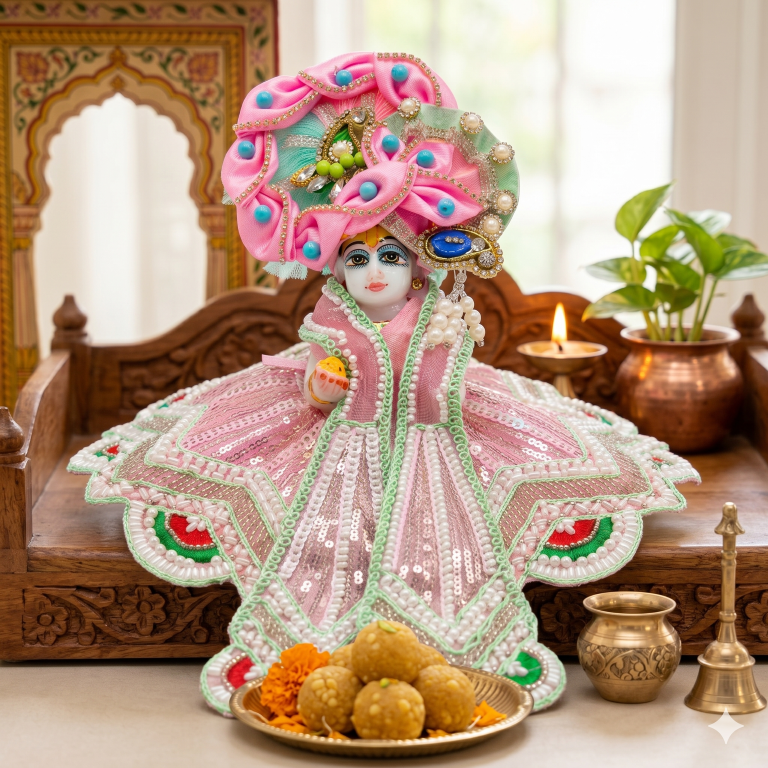 Tiny Shiny Laddu Gopal Poshak Thakur Ji Dress Heavy Designer Dress for Kanha Ji Fancy Dress for Bal Krishna Janmaasthmi Special for Ladoo Gopal Ji (Size-0 to 5)