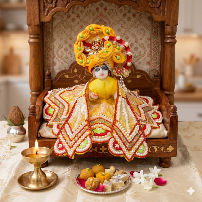 Tiny Shiny Laddu Gopal Poshak Thakur Ji Dress Heavy Designer Dress for Kanha Ji Fancy Dress for Bal Krishna Janmaasthmi Special for Ladoo Gopal Ji (Size-0 to 5)