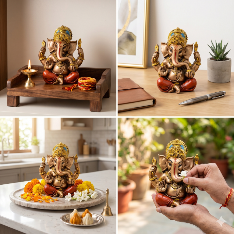 Majestic Lord Ganesha Idol with Blue Halo - Antique Bronze Finish (13.5 cm) | Premium Home Decor & Spiritual Gift
