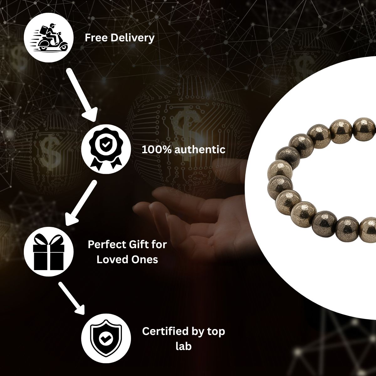 Pyrite Stone Bracelet – Natural Fool’s Gold Crystal Beads for Wealth, Success & Protection, Stretchable Handmade Bracelet for Men & Women - image 3