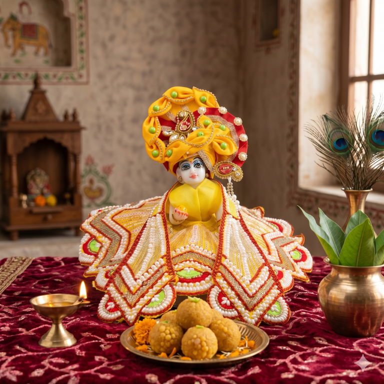 Tiny Shiny Laddu Gopal Poshak Thakur Ji Dress Heavy Designer Dress for Kanha Ji Fancy Dress for Bal Krishna Janmaasthmi Special for Ladoo Gopal Ji (Size-0 to 5)