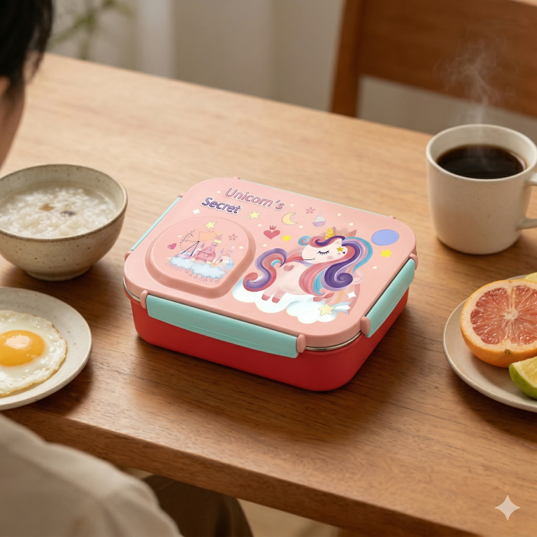 Steel Lunch Lunch Box, 750 ml with 150ml Bowl, BPA Free and Leak Proof, 3 Compartment airtight, with a Spoon & Chopsticks,Unicorn Cartoon Design, Pink, Premium Lunch Box